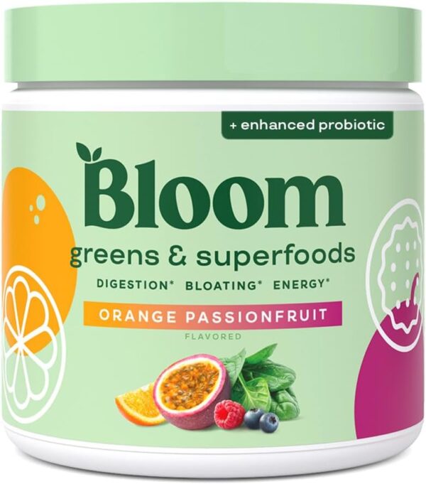 Bloom Nutrition Superfood Greens Powder, Digestive Enzymes with Probiotics and Prebiotics, Gut Health, Bloating Relief for Women, Chlorella, Juice Mix w/Beet Root Powder, 30 SVG, Orange Passionfruit  Health & Household