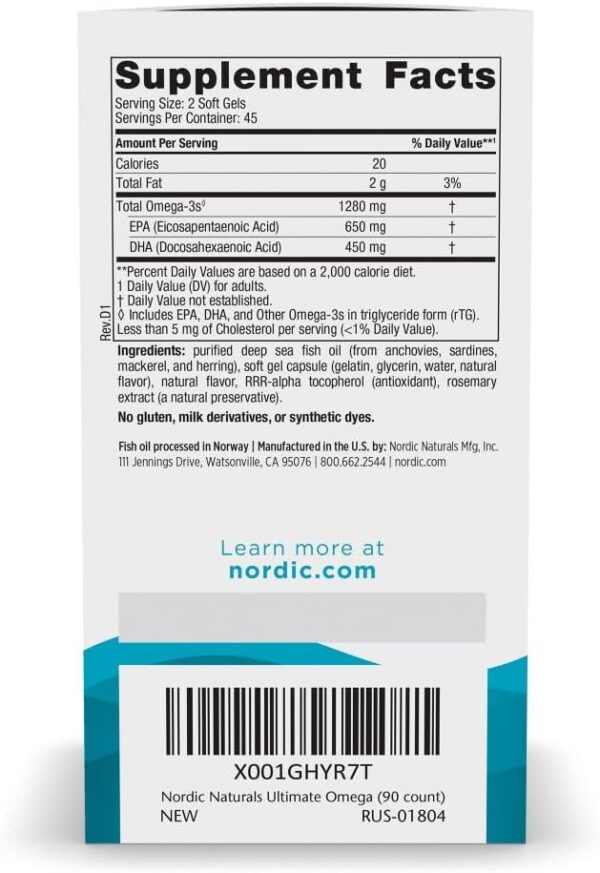 Nordic Naturals Ultimate Omega, Lemon Flavor - 90 Soft Gels - 1280 mg Omega-3 - High-Potency Omega-3 Fish Oil Supplement with EPA & DHA - Promotes Brain & Heart Health - Non-GMO - 45 Servings  Health & Household - Image 2