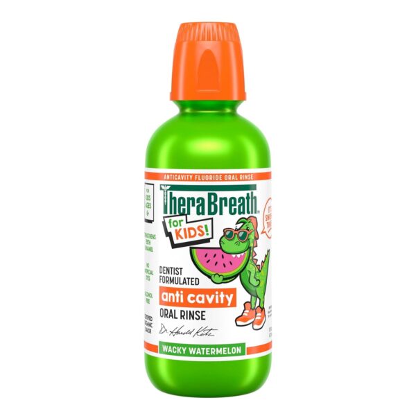 TheraBreath Kids Organic Wacky Watermelon Mouthwash with Fluoride, Anticavity, Dentist Formulated, 16 Fl Oz