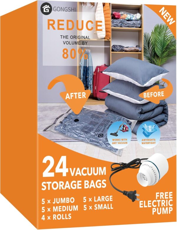 24 Pack Vacuum Storage Bags with Electric Pump, (5 Jumbo, 5 Large, 5 Medium, 5 Small, 4 Roll Up Bags) Space Saver Bag for Clothes, Mattress, Blanket, Duvets, Pillows, Comforters,Travel