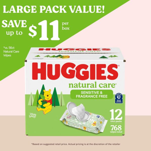 Huggies Natural Care Sensitive Baby Wipes, Unscented, Hypoallergenic 64 count Pack of 12 - Image 3