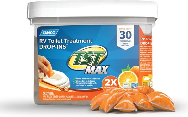 Camco TST MAX Camper/RV Toilet Treatment Drop-INs - Control Unwanted Odors & Break Down Waste and Tissue - Safe Septic Tank Treatment - Orange Scent, 30-Pack (41183)