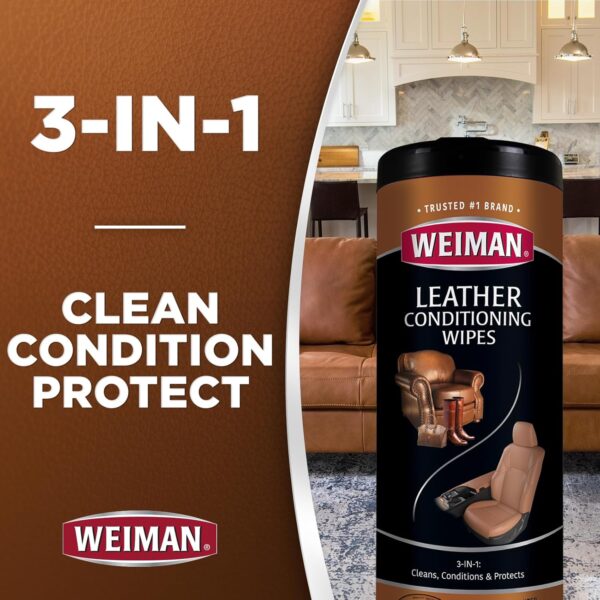 Weiman Leather Cleaner & Conditioner Wipes With UV Protection, Prevent Cracking Or Fading Of Leather Couches, Car Seats, Shoes, Purses - 30 ct - Image 4