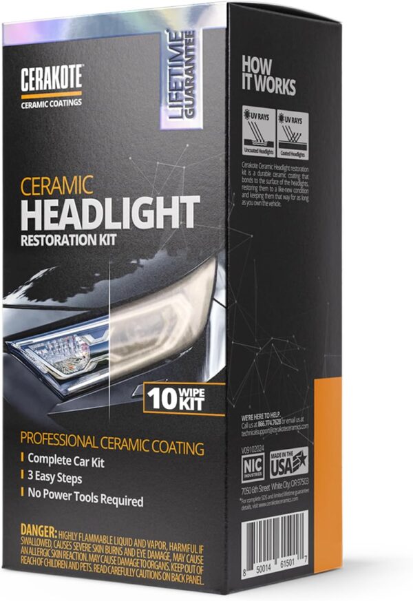 CERAKOTE® Ceramic Headlight Restoration Kit – Guaranteed To Last As Long As You Own Your Vehicle – Brings Headlights Back to Like New Condition - No Power Tools Required - 10 Wipe Kit