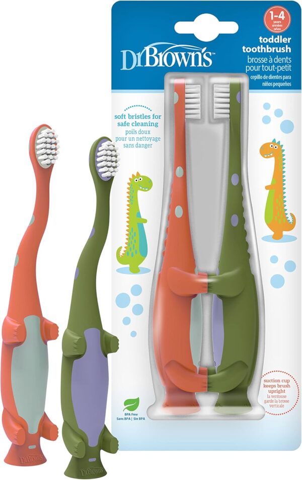 Dr. Brown's Toddler Toothbrush, Dinosaur, Green and Orange, 2-Pack