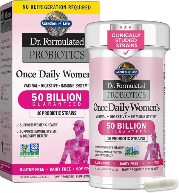 Garden of Life Once Daily Dr. Formulated Probiotics for Women 50 Billion CFU 16 Probiotic Strains with Organic Prebiotics for Digestive, Vaginal & Immune Health, Dairy Free, Shelf Stable 30 Capsules  Health & Household