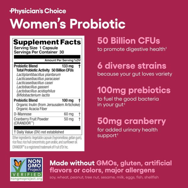 Physician's CHOICE Probiotics for Women - PH Balance, Digestive, UT, & Feminine Health - 50 Billion CFU - 6 Unique Strains for Her - Organic Prebiotics, Cranberry Extract+ - Women Probiotic - 30 CT  Health & Household - Image 5