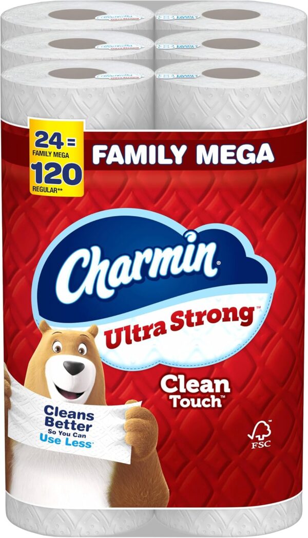 Charmin Toilet Paper Ultra Strong Clean Touch, 24 Family Mega Rolls = 120 Regular Rolls (Packaging May Vary), Bulk Toilet Paper, Household Essentials