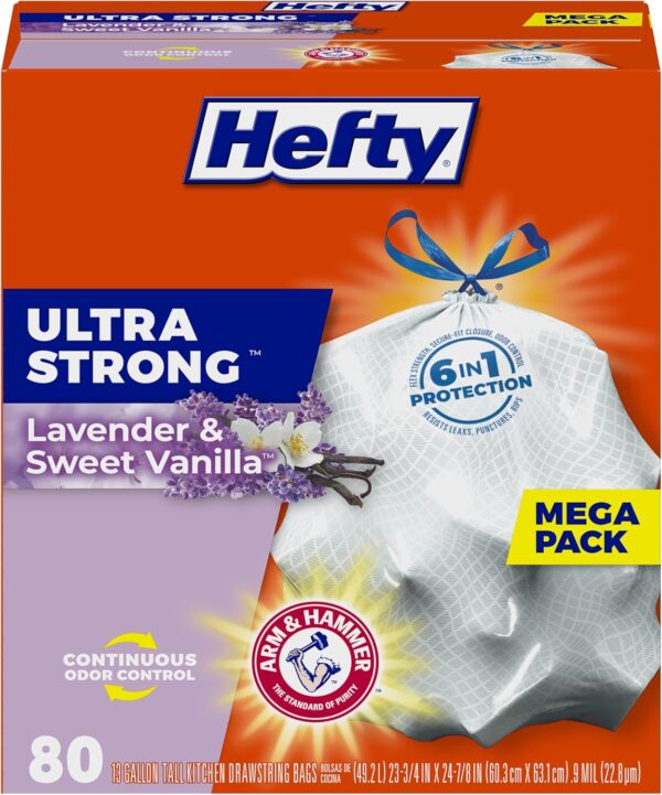 Hefty Ultra Strong 13 Gallon Trash Bags, Tall Kitchen Trash Bags 13 Gallon Size, Drawstring Closure, Continuous Odor Control, White, Lavender and Sweet Vanilla Scent, 80 Bags