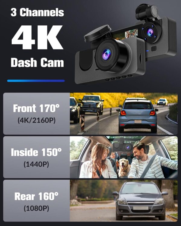 Dash Camera for Cars,4K Full UHD Car Camera Front Rear with 32GB Card,Built-in Super Night Vision,2.0'' IPS Screen,170°Wide Angle,WDR, 24H Parking Mode, Loop Recording - Image 3