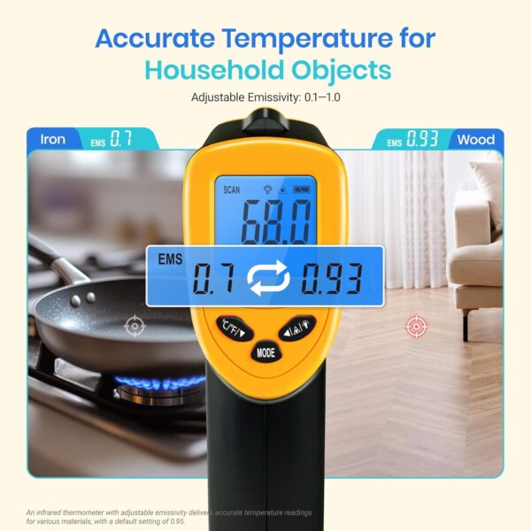 Etekcity Infrared Thermometer Laser Temperature Gun 774, Meat Food Candy Oven Thermometer for Griddle Accessories, Heat Gun for Cooking Refrigerator Tools, Yellow, -58°F to 842°F - Image 4