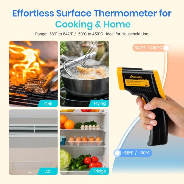 Etekcity Infrared Thermometer Laser Temperature Gun 774, Meat Food Candy Oven Thermometer for Griddle Accessories, Heat Gun for Cooking Refrigerator Tools, Yellow, -58°F to 842°F - Image 3