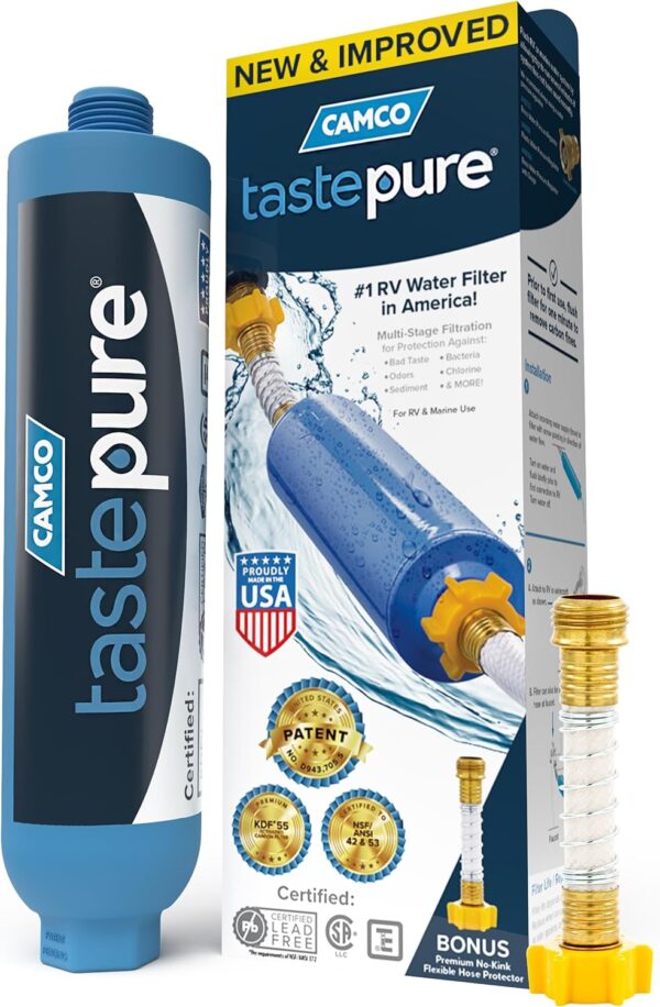 Camco TastePURE RV Water Filter - New & Advanced RV Inline Water Filter with Flexible Hose Protector