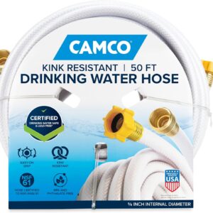 Camco TastePURE 50-Ft Water Hose - RV Drinking Water Hose Contains No Lead, No BPA & No Phthalate - Features Diamond-Hatch Reinforced PVC Design - 5/8” Inside Diameter, Made in the USA (22793)