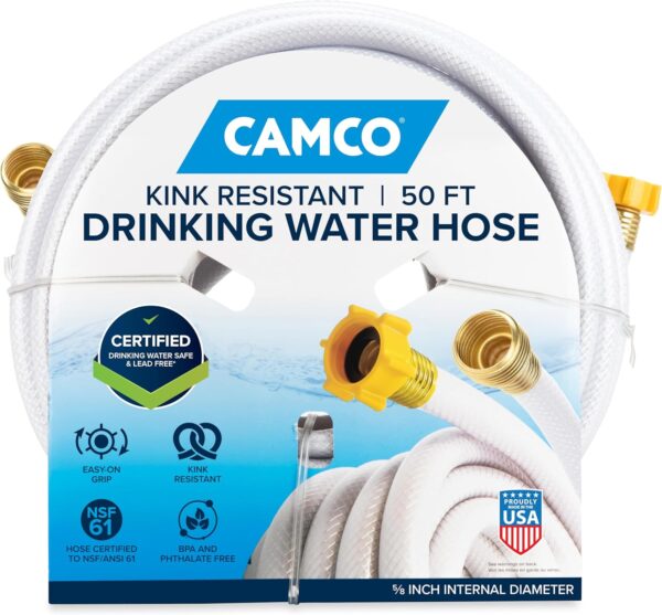 Camco TastePURE 50-Ft Water Hose - RV Drinking Water Hose Contains No Lead, No BPA & No Phthalate - Features Diamond-Hatch Reinforced PVC Design - 5/8” Inside Diameter, Made in the USA (22793)