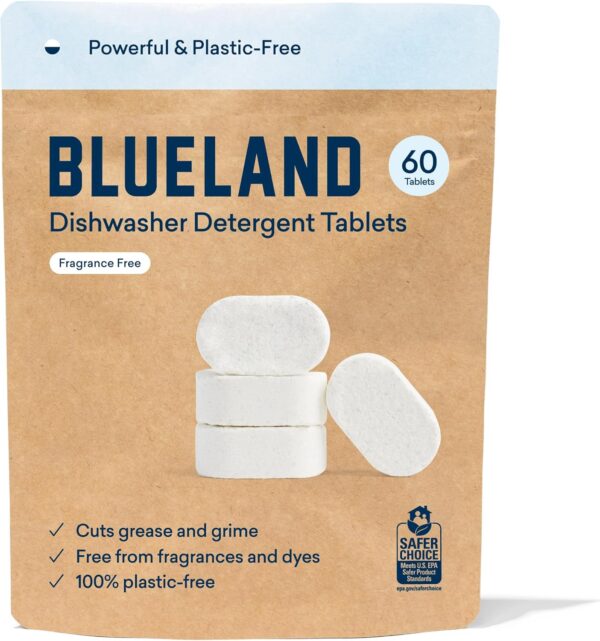 BLUELAND Dishwasher Detergent Tablets, 60 Count, Unscented Plastic-Free Eco Friendly Dishwashing Pods, Natural, Non Toxic, Sustainable