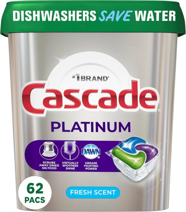 Cascade Platinum Dishwasher Pods, Dishwasher Detergent, Actionpacs, Fresh, 62 Count