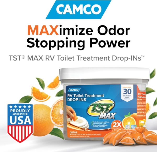 Camco TST MAX Camper/RV Toilet Treatment Drop-INs - Control Unwanted Odors & Break Down Waste and Tissue - Safe Septic Tank Treatment - Orange Scent, 30-Pack (41183) - Image 3