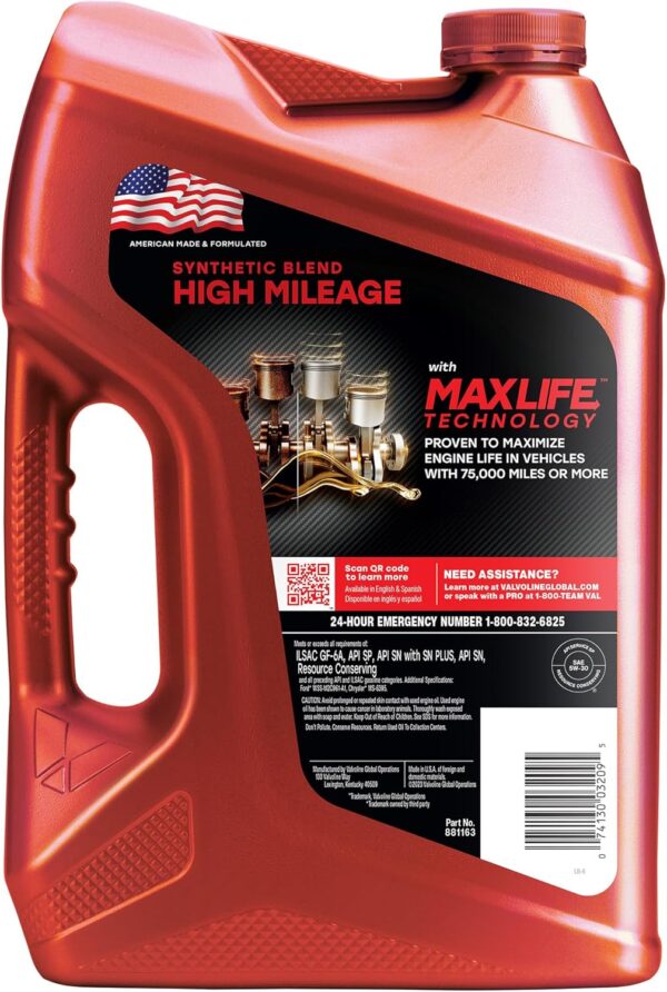 Valvoline High Mileage with MaxLife Technology SAE 5W-30 Synthetic Blend Motor Oil 5 QT - Image 3